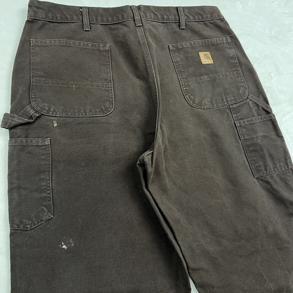 Carhartt Work Dungaree Pants Mens 38x36 Dark Brown Washed Duck Canvas Utility